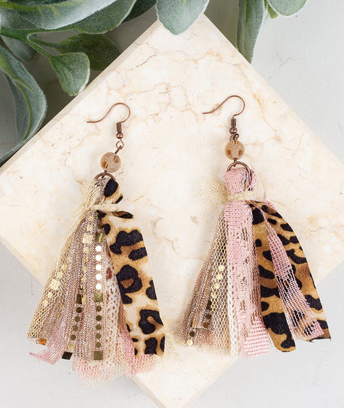 Make Me Blush Beaded Tassel Earrings, Leopard and Light Pink - SKC Boutique
