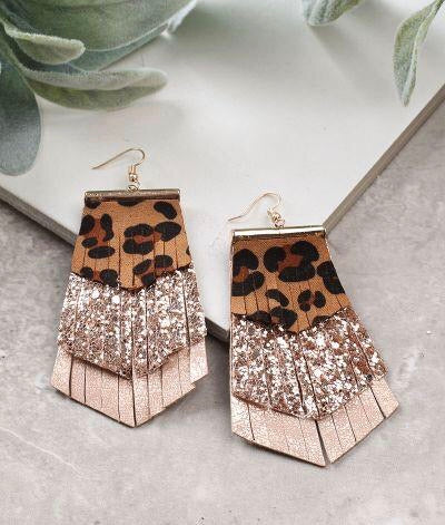Rose Gold Glitter Fringed Leopard Earrings - SKC Boutique